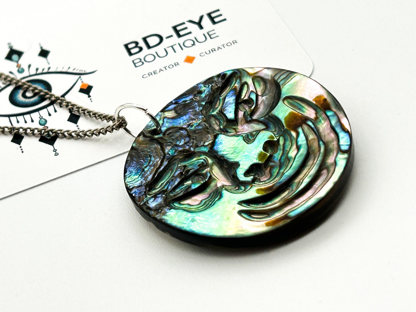 Carved Natural Paua Abalone Shell Face Pendant Necklace Iridescent Statement