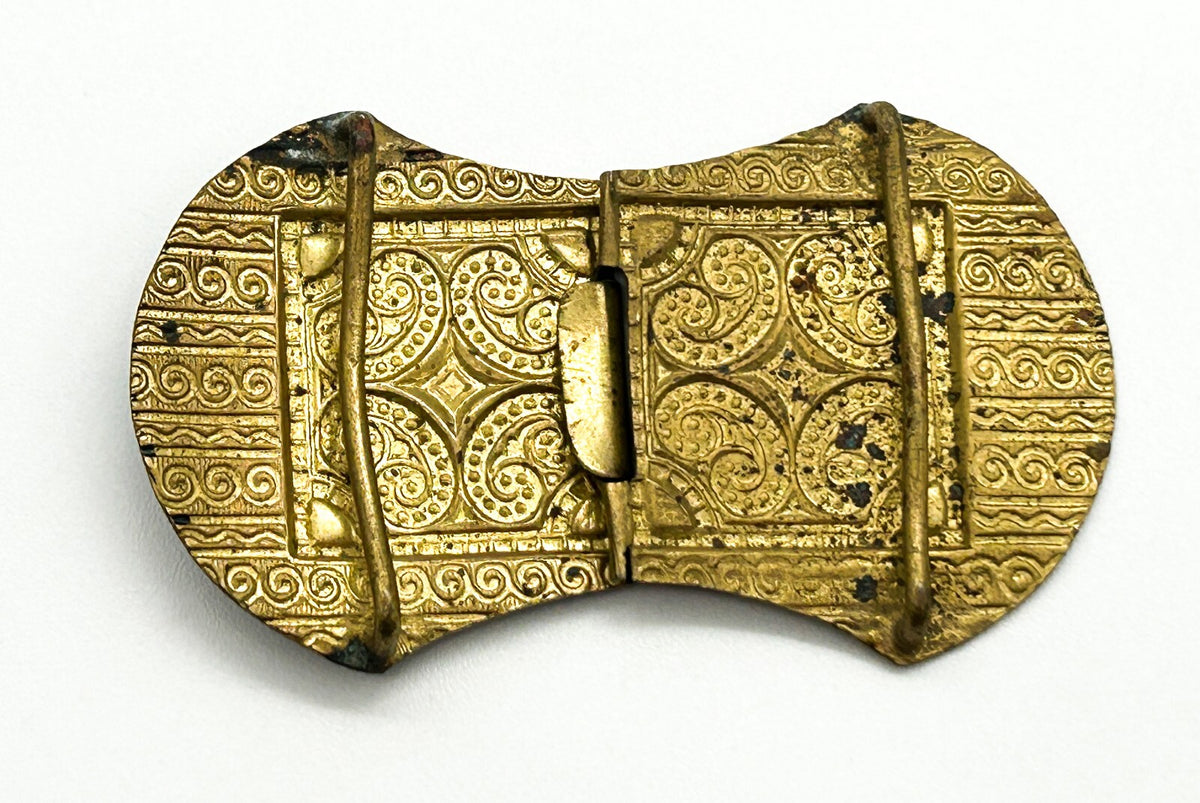 Vintage Ornate Brass Gold Tone Belt Buckle Embossed Scroll Pattern Black Metal