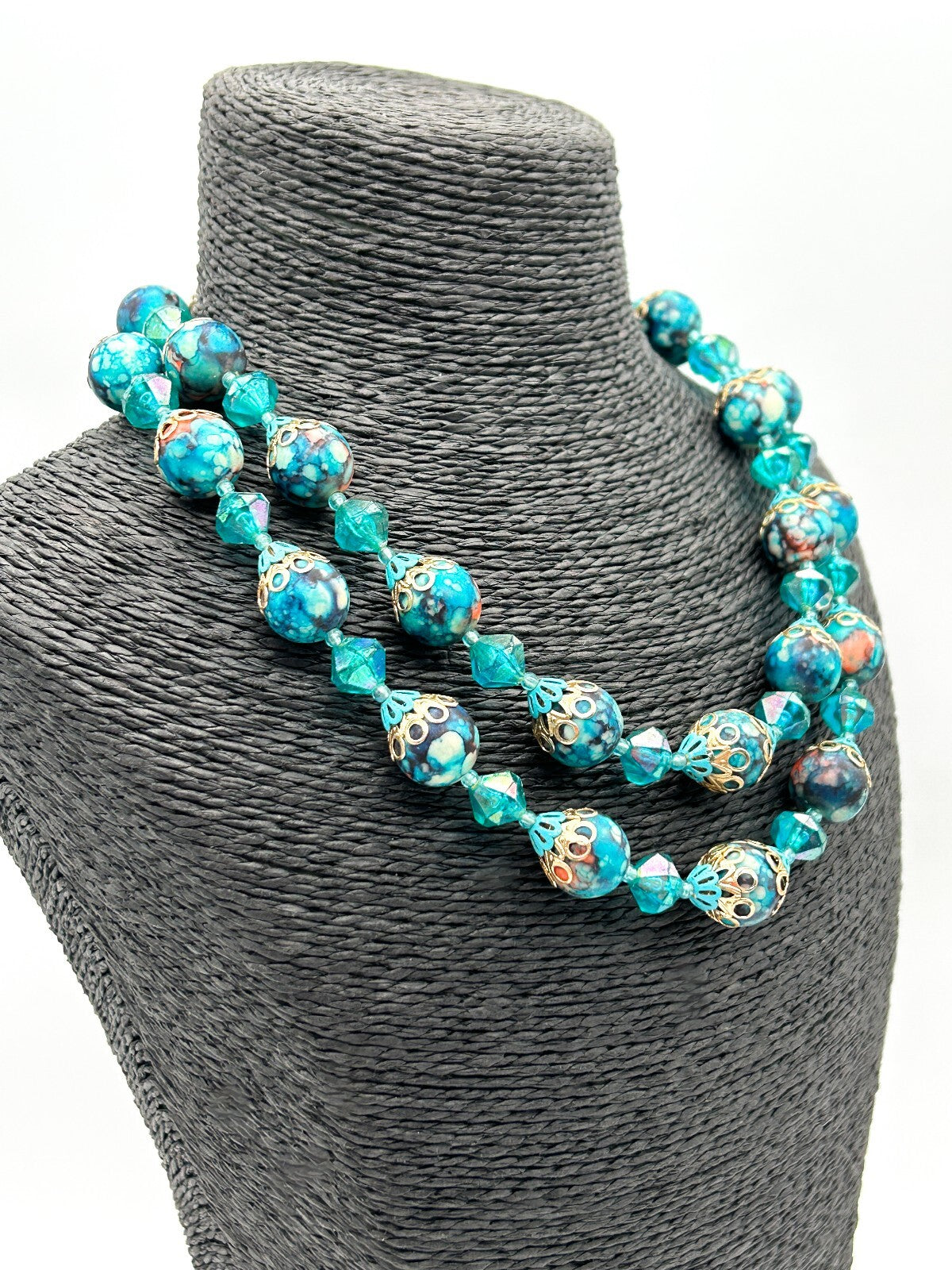 Vintage Hong Kong Double Strand Turquoise Marble Bead Necklace Blue Statement