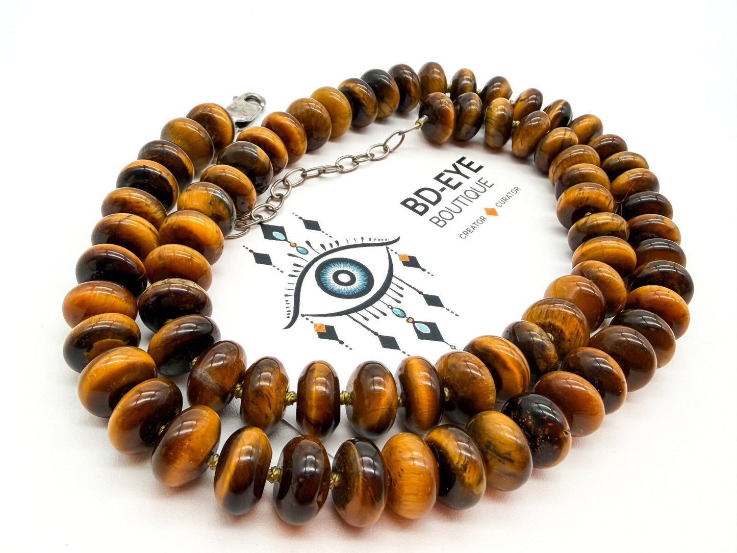 Tiger Eye Disc Bead Necklace Hand Knotted 925 Sterling Silver Clasp Boho 20" 66g