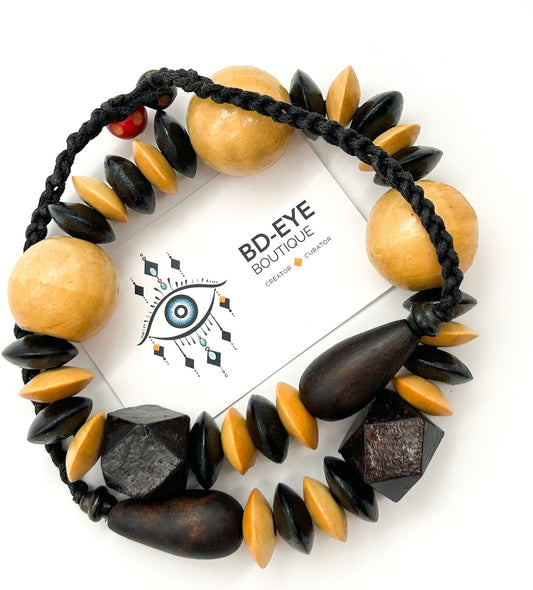 Vintage Black Beige Wooden Bead Necklace Long Chunky Bohemian Statement Retro
