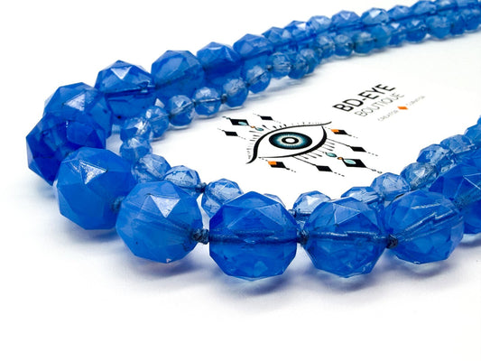 Vintage Long Blue Faceted Glass Bead Necklace Hand Knotted Continuous Strand