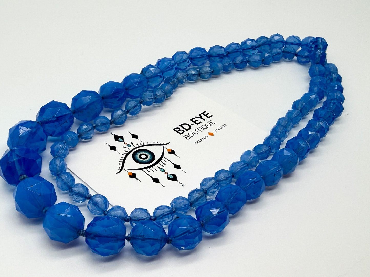 Vintage Long Blue Faceted Glass Bead Necklace Hand Knotted Continuous Strand