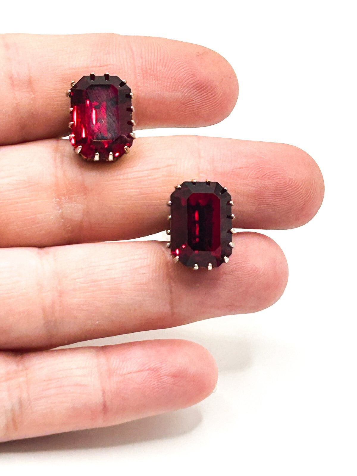 Vintage Ruby Red Faceted Glass Gold Tone Cufflinks PAT APP Prong Set 1950s 60s