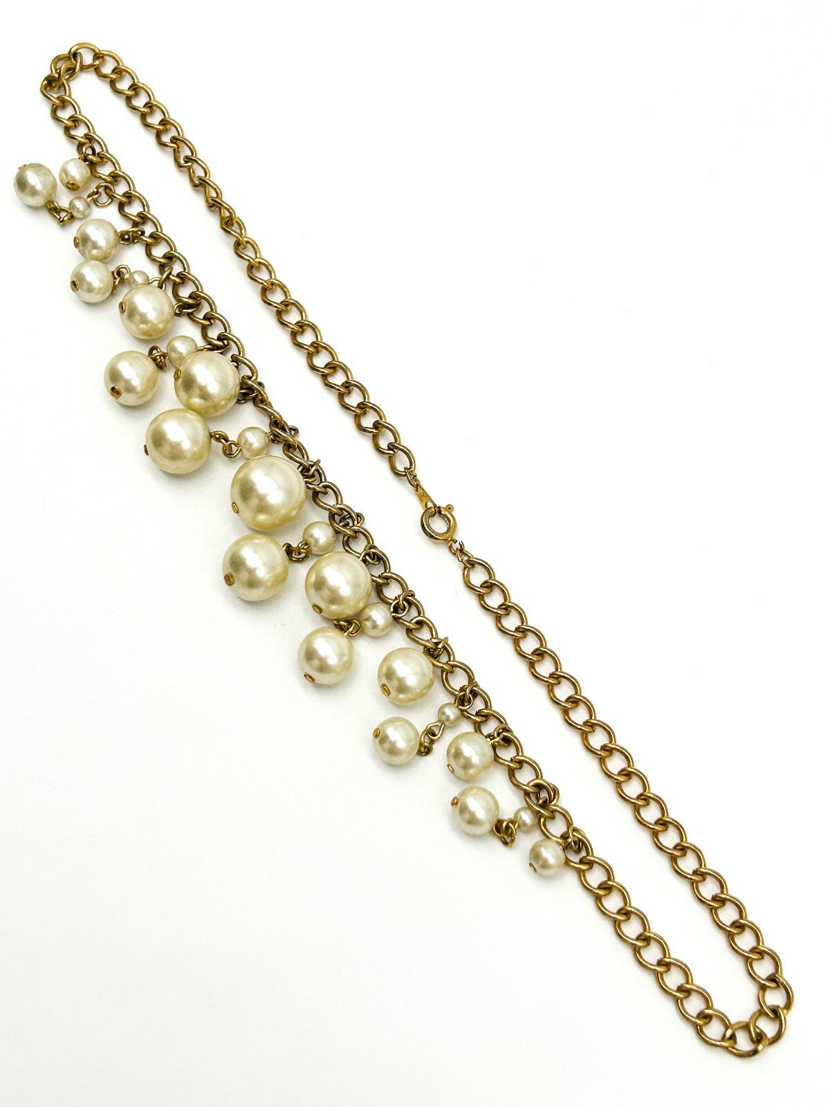 Vintage Gold Tone Faux Pearl Cha Cha Bib Necklace Statement Necklace 17.5” Retro