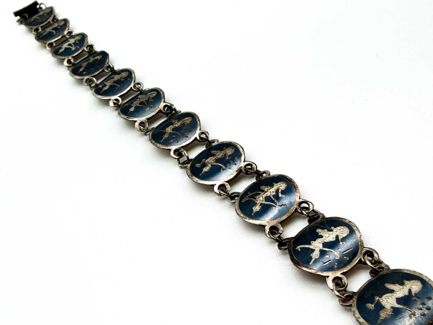 Vintage Siam Sterling Silver Niello Bracelet Thai Dancer Panels 7.5”