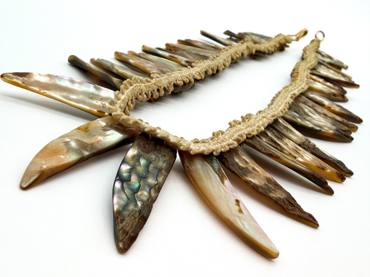 Vintage Abalone Shell Feather Spike Necklace Lace Beaded Statement 17” Boho