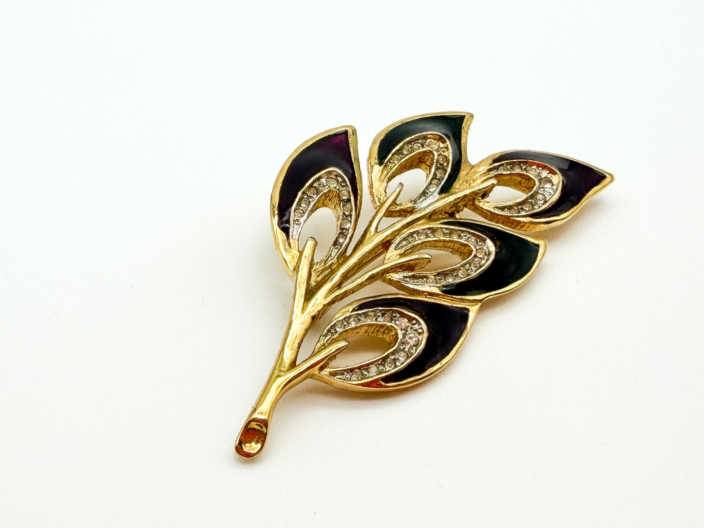 Gold Tone Purple Green Enamel Floral Spray Brooch Rhinestone Leaf Pin