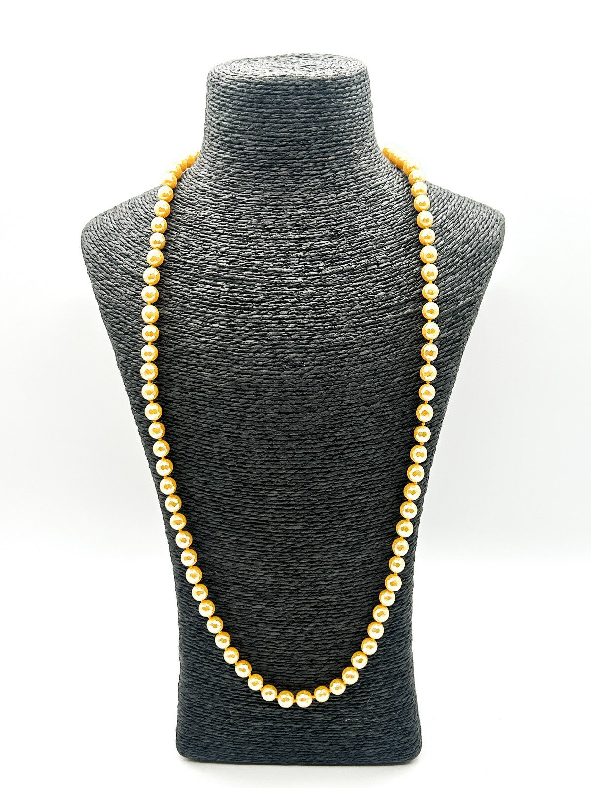 Vintage Yellow Glass Pearl Lustre Beaded Necklace Hand Knotted Long 29”