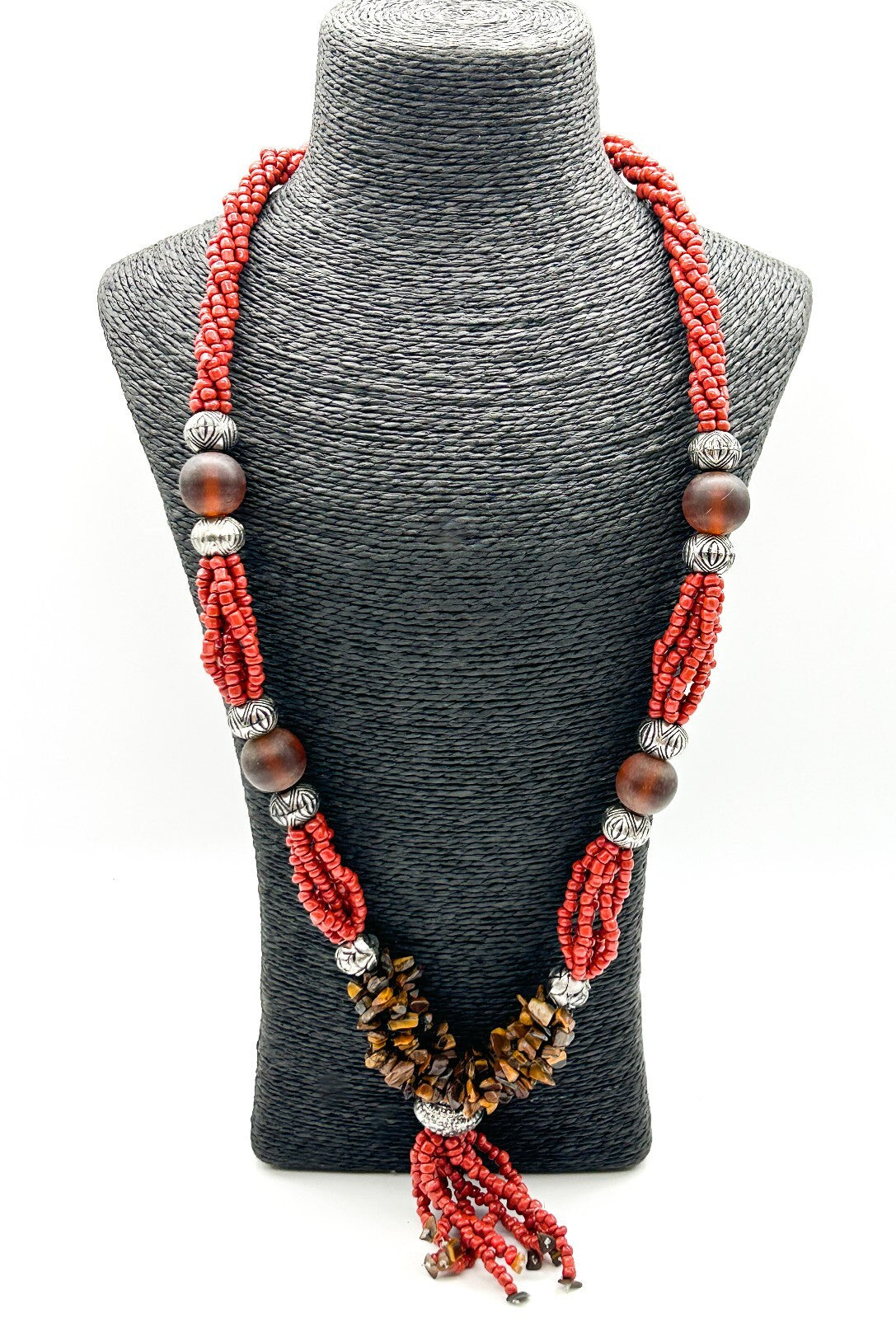 Vintage Tiger’s Eye Amber 6 Strand Tassel Necklace Red Glass Boho Statement
