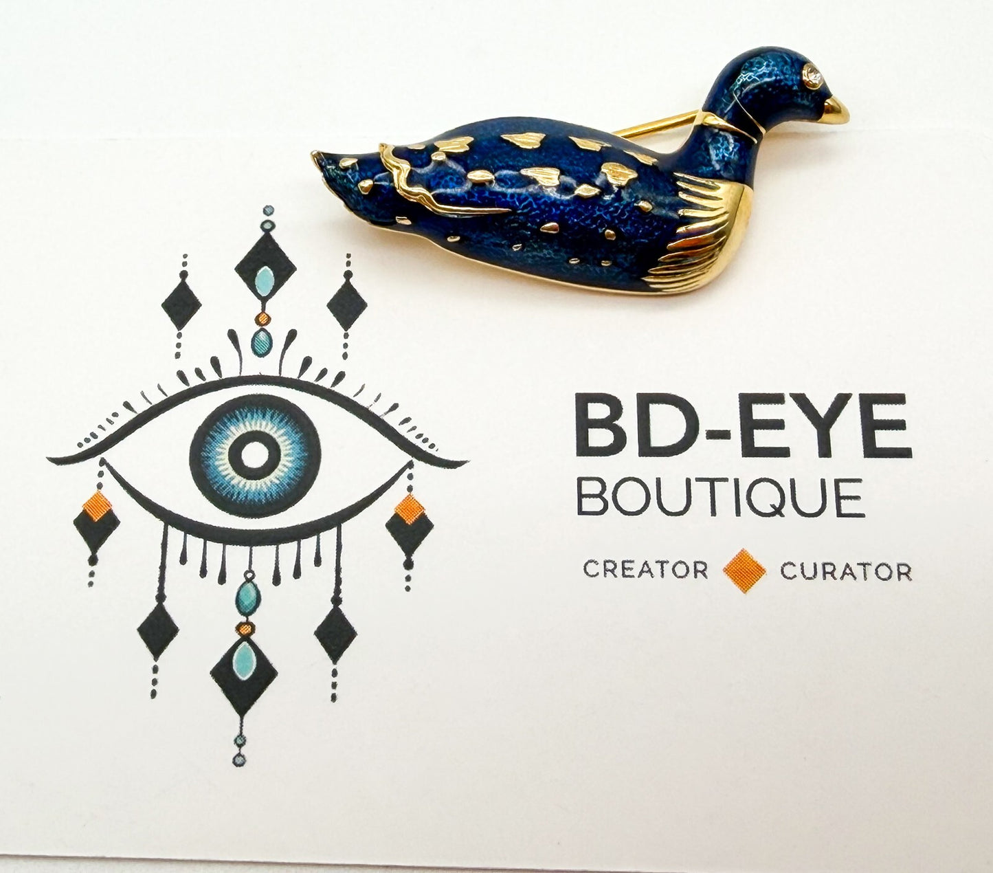 Vintage Blue Enamel Duck Bird Brooch Gold Tone Rhinestone Eye Pin