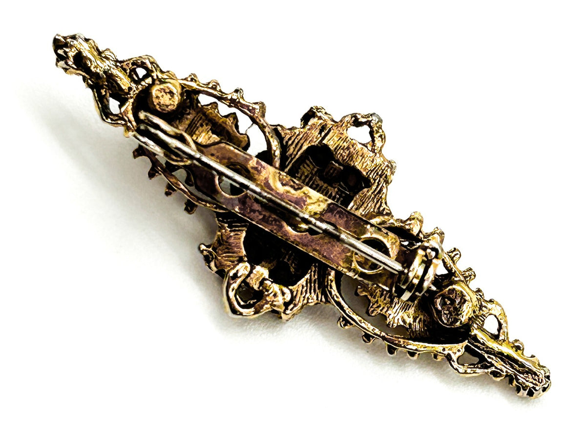Susan Caplan Gold Tone Clear Rhinestone Ornate Brooch Vintage Style Pin