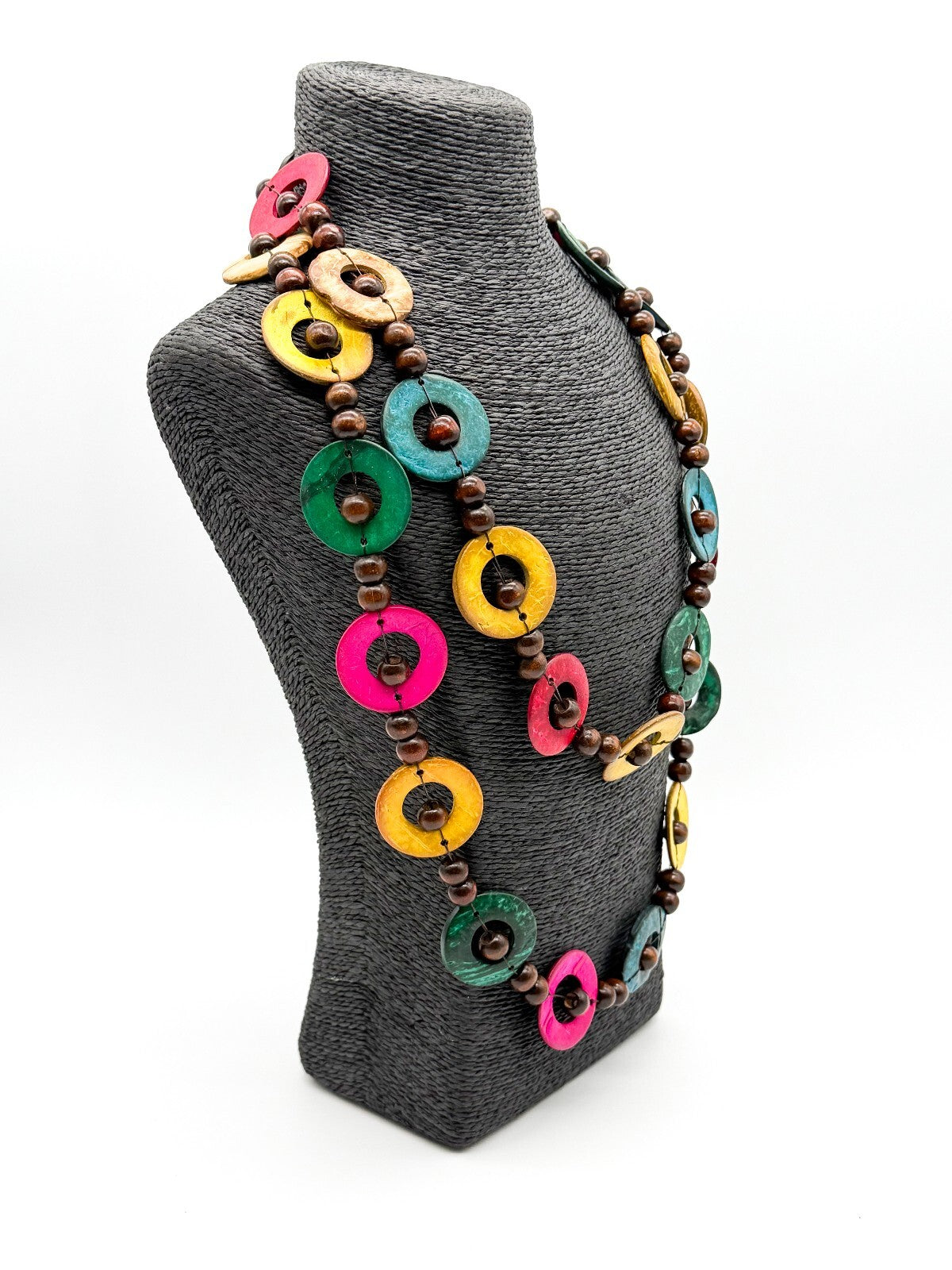 Colourful Dyed Coconut Shell & Wood Bead Necklace Boho 28” Long Festival