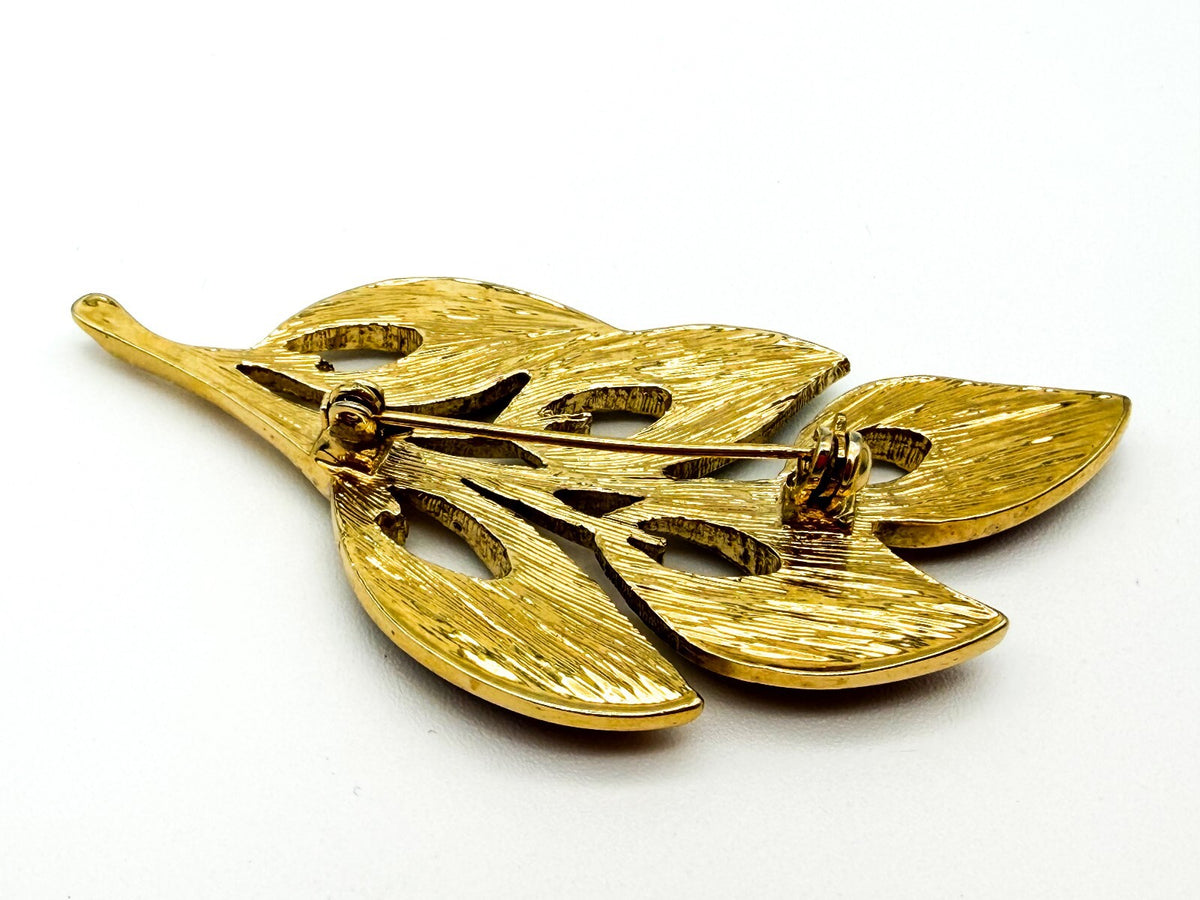 Gold Tone Purple Green Enamel Floral Spray Brooch Rhinestone Leaf Pin