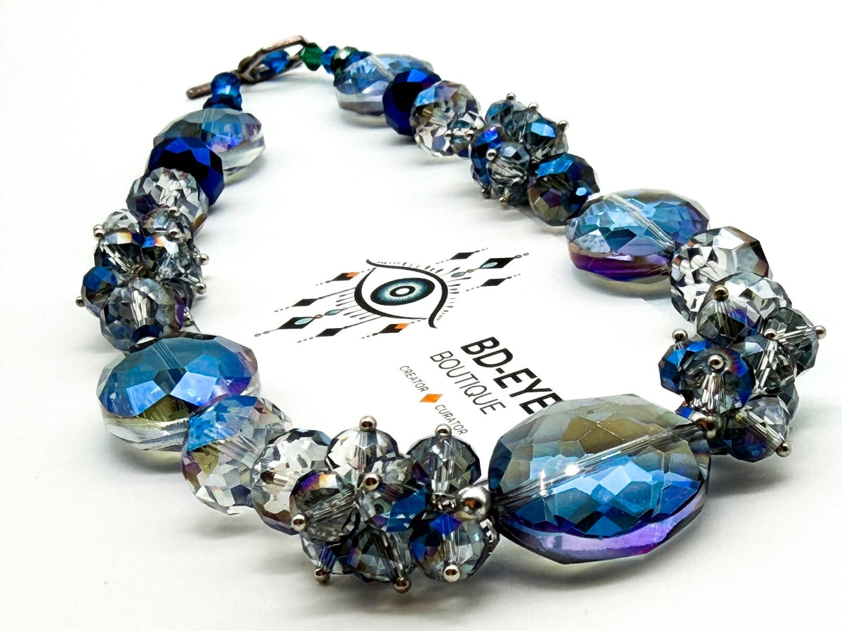 Midnight Blue Crystal Necklace AB Faceted Oval Beads Cha Cha Cluster Necklace