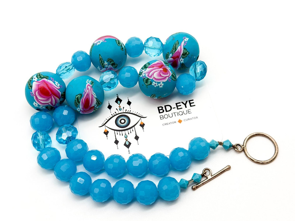Blue Floral Statement Necklace Polymer Clay Rose Beads Faceted Glass Artisan