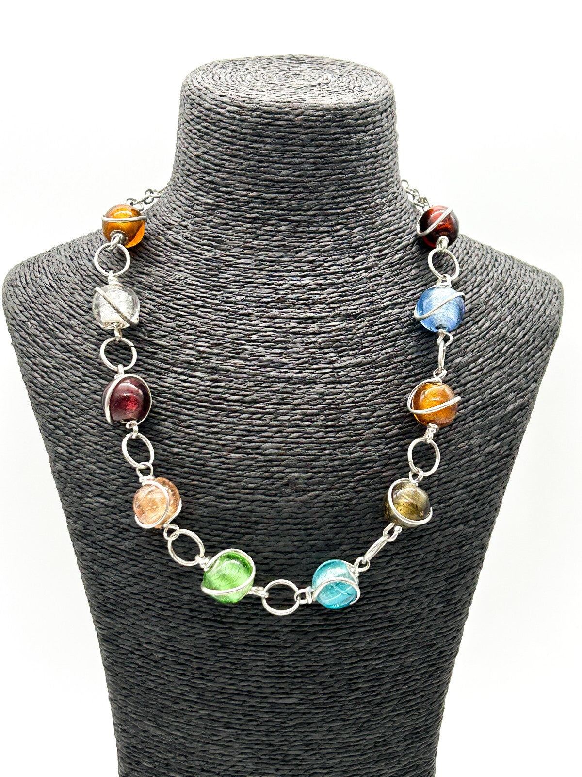 Vintage Multicolour Foil Art Glass Necklace Silver Tone Wrapped Beads Statement