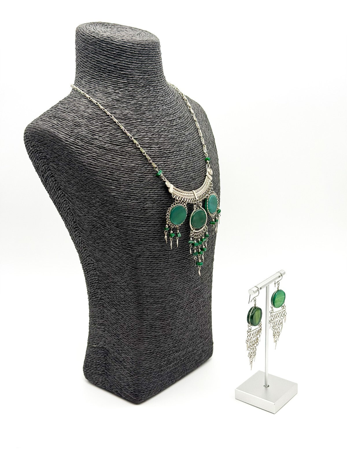 Peruvian Alpaca Silver Green Agate Necklace Earrings Set Malachite Bib Statement