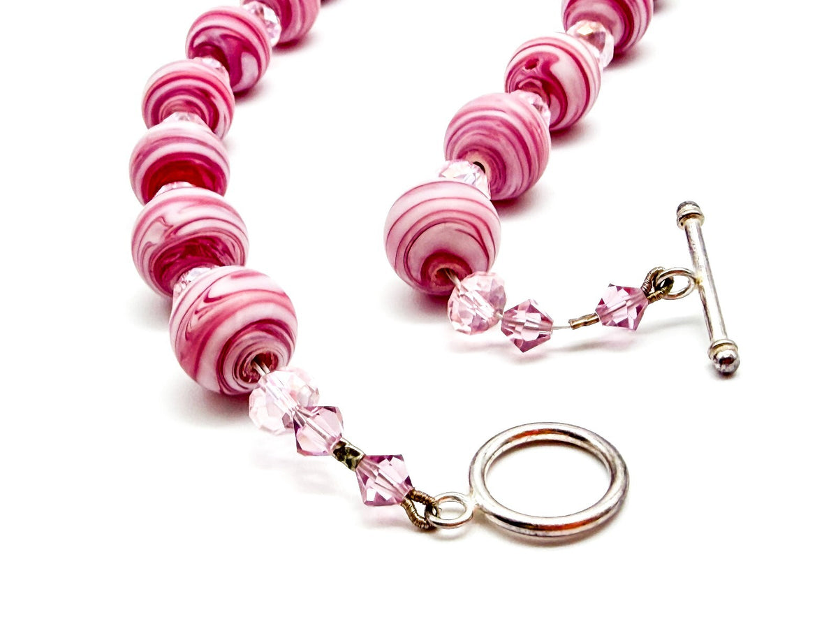 Pink Swirl Art Glass Bead Necklace Crystal Spacer Statement Toggle 18.5”