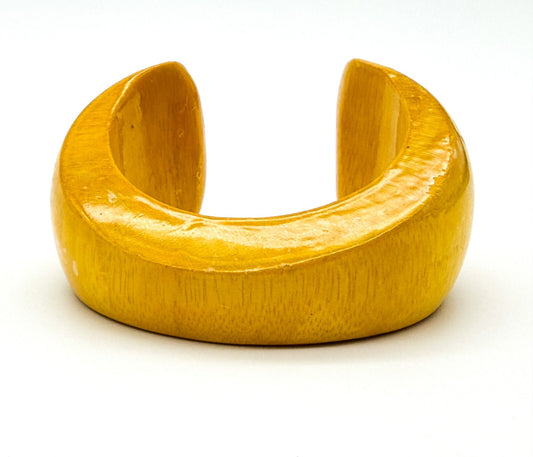 Vintage Mustard Yellow Wooden Cuff Bangle Wide Gloss Wood Statement Bracelet