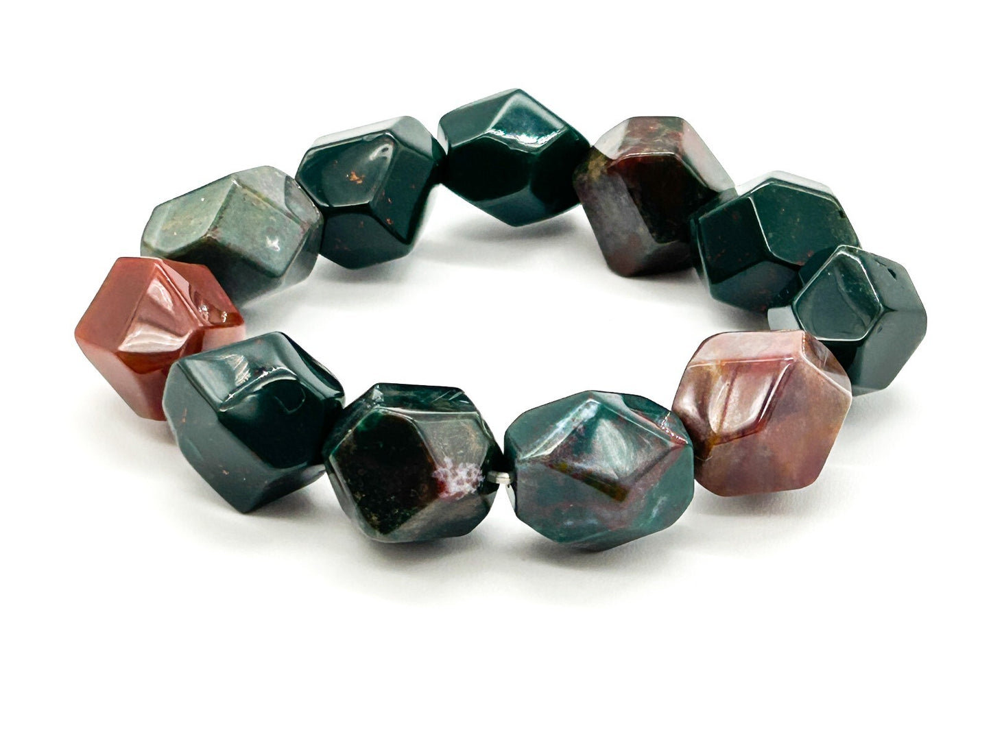 Chunky Bloodstone Jasper Stretch Bracelet Faceted Cube Gemstone Bracelet