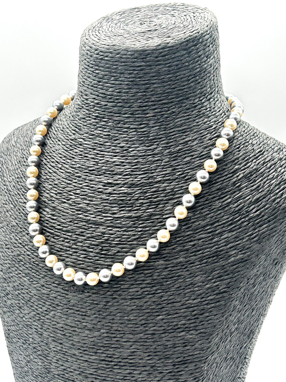 Vintage Grey Cream Glass Faux Pearl Necklace Hand Knotted Rhinestone Hook Clasp