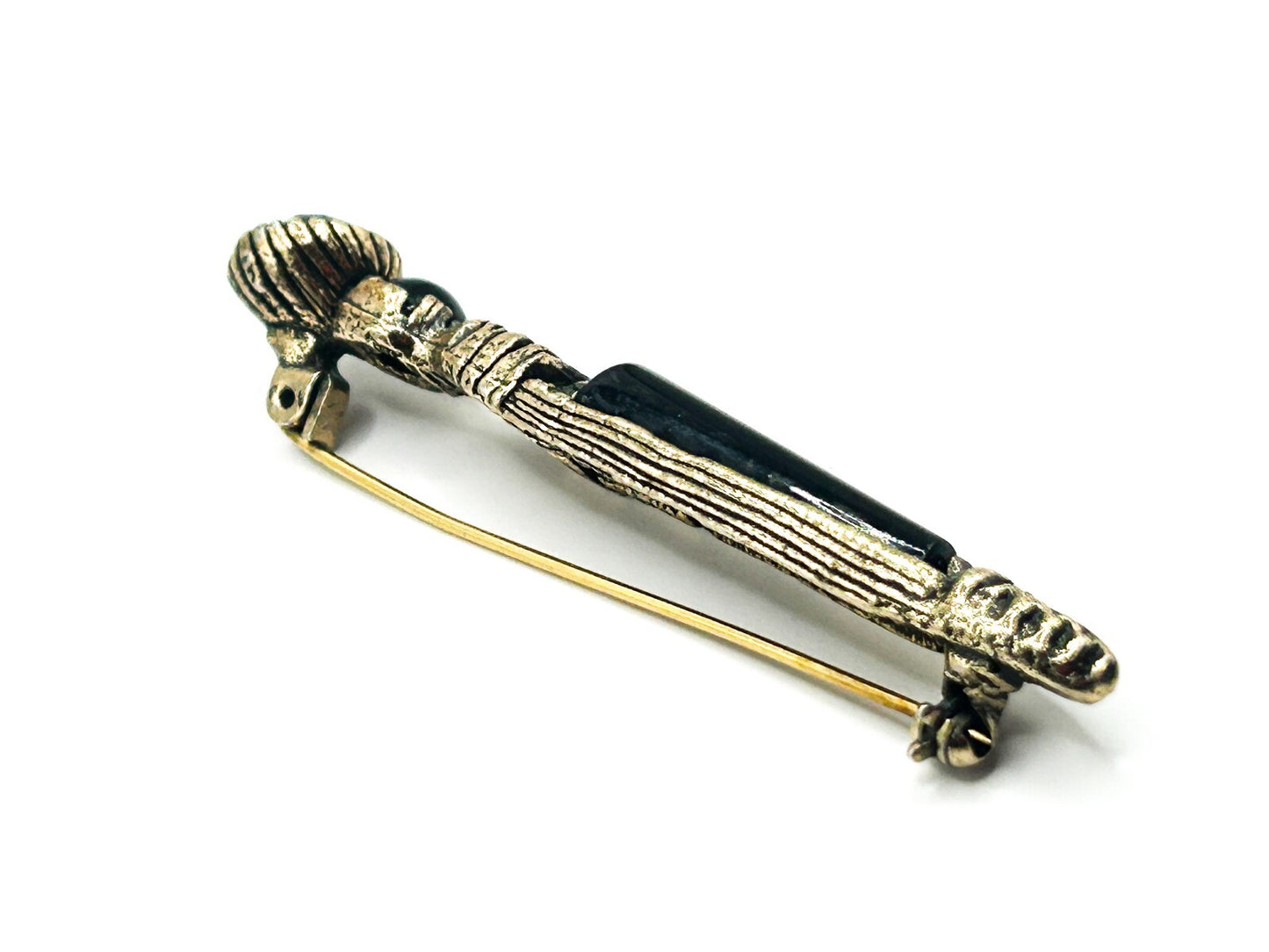 Vintage Miracle Black Glass Kilt Pin Brooch Antiqued Gold Tone Signed