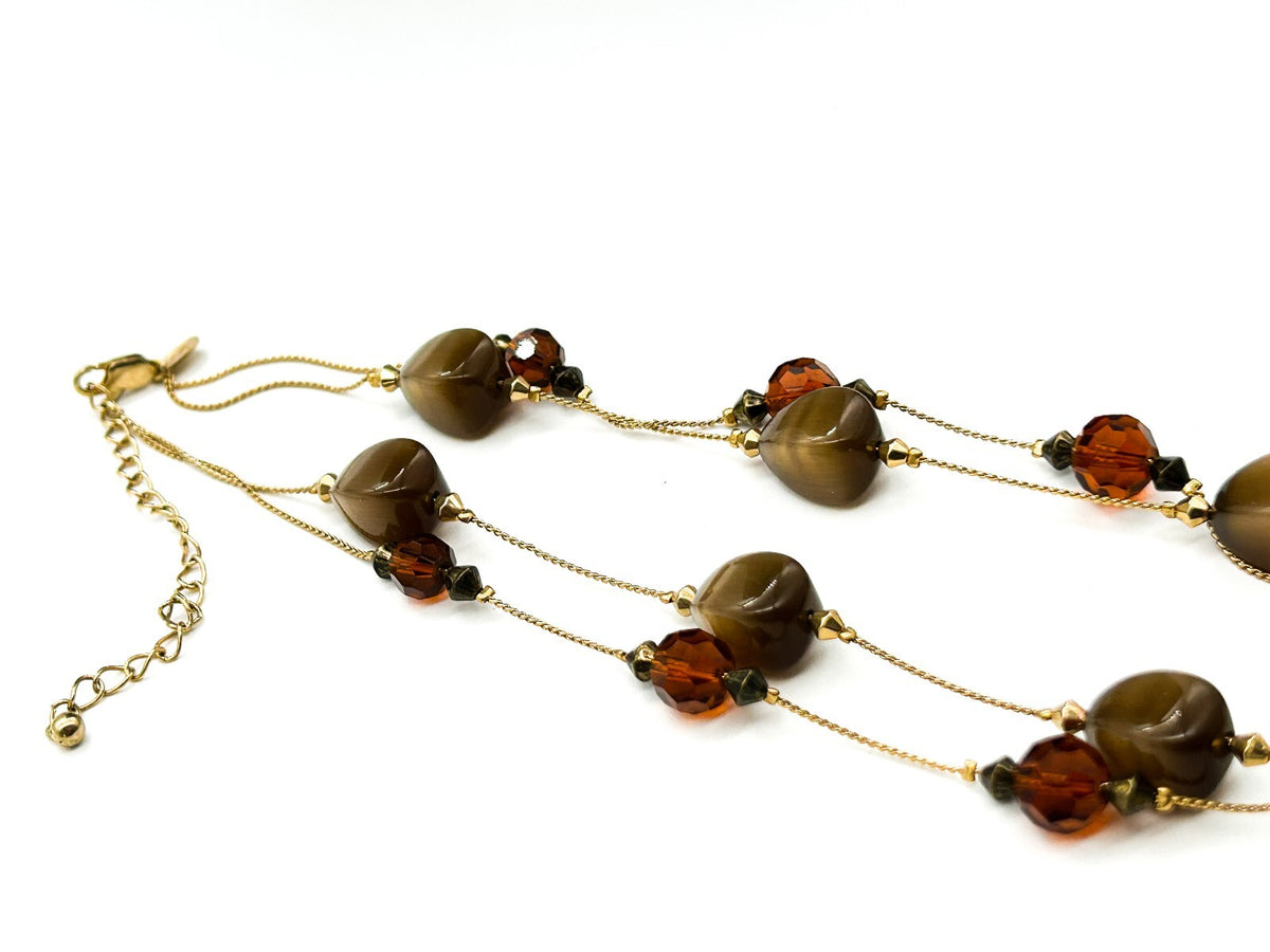 M&S Double Layer Cat’s Eye Glass Bead Necklace Brown Orange Gold Tone