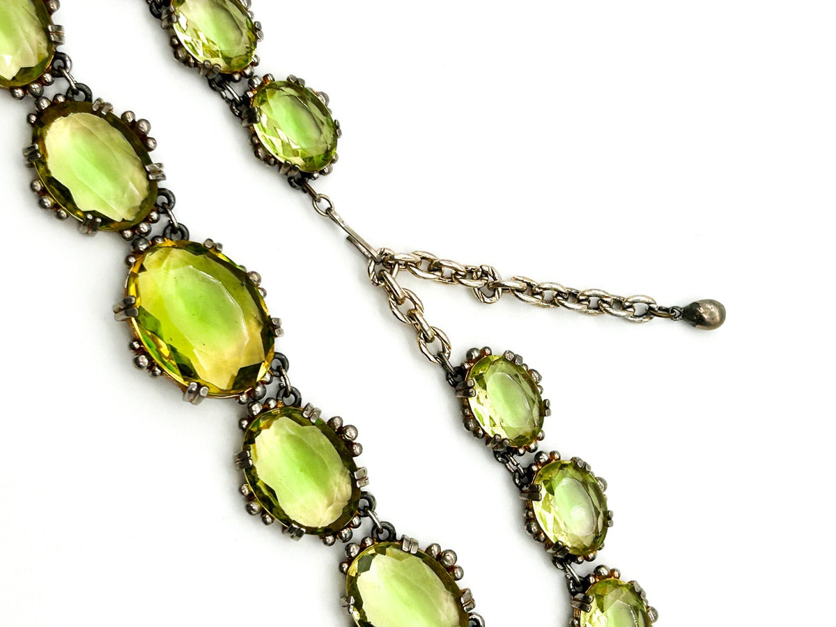 Vintage Lime Green Yellow Faceted Glass Statement Necklace Prong Oval Crystal
