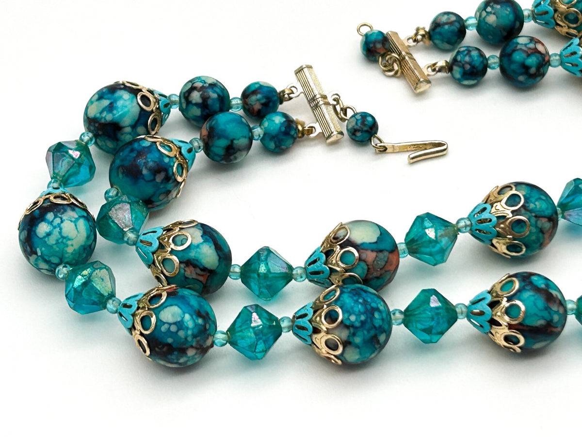 Vintage Hong Kong Double Strand Turquoise Marble Bead Necklace Blue Statement