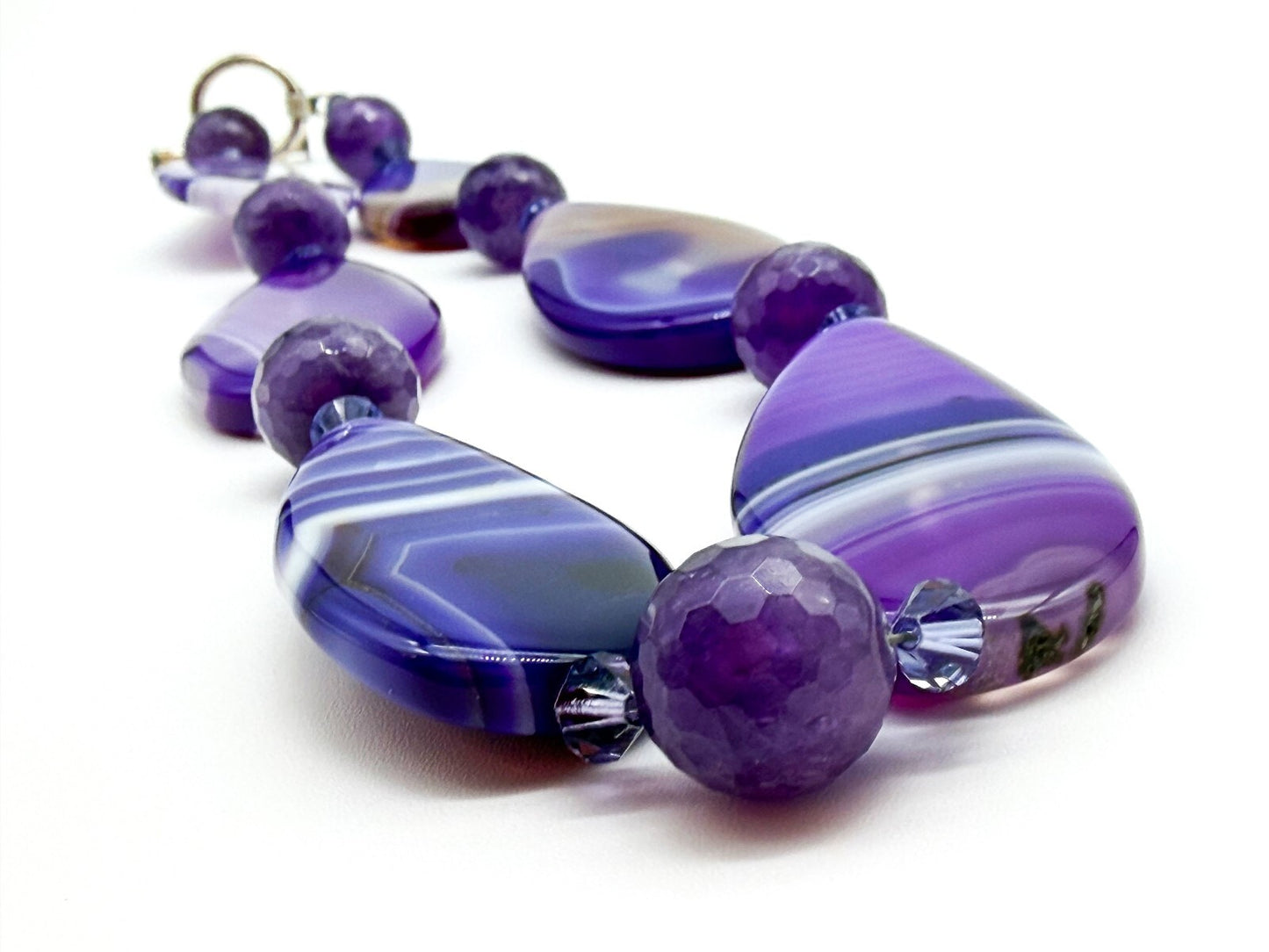 Chunky Amethyst & Purple Banded Agate Gemstone Necklace Faceted Crystal Beads