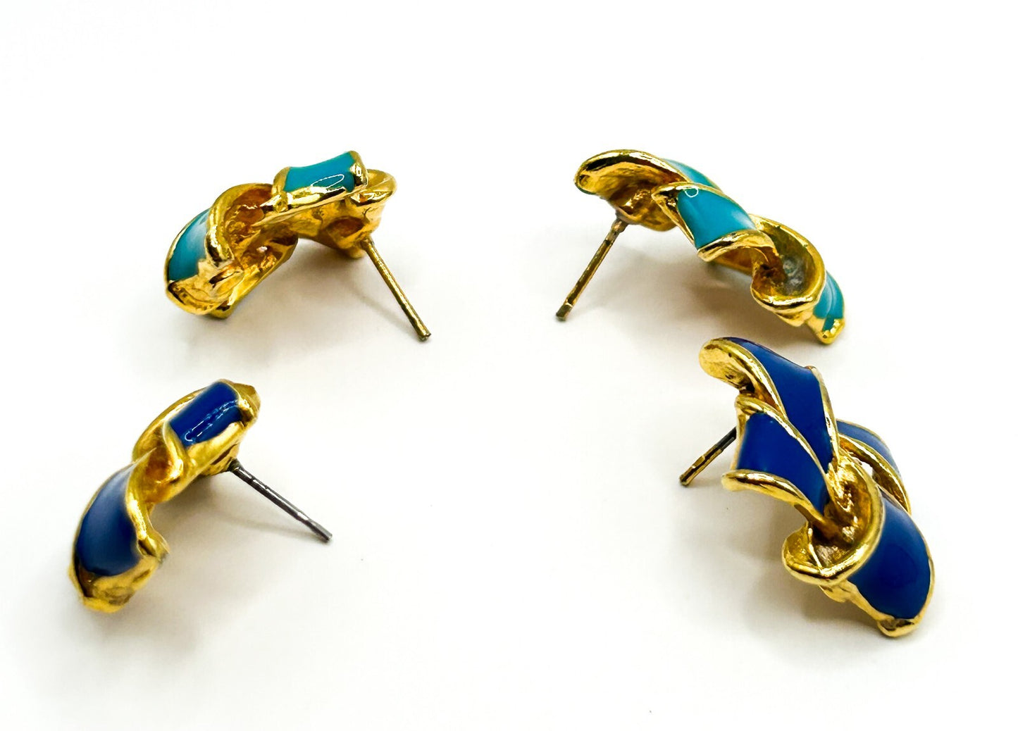 Vintage Blue Enamel Ribbon Knot Stud Earrings Gold Tone Cobalt Turquoise