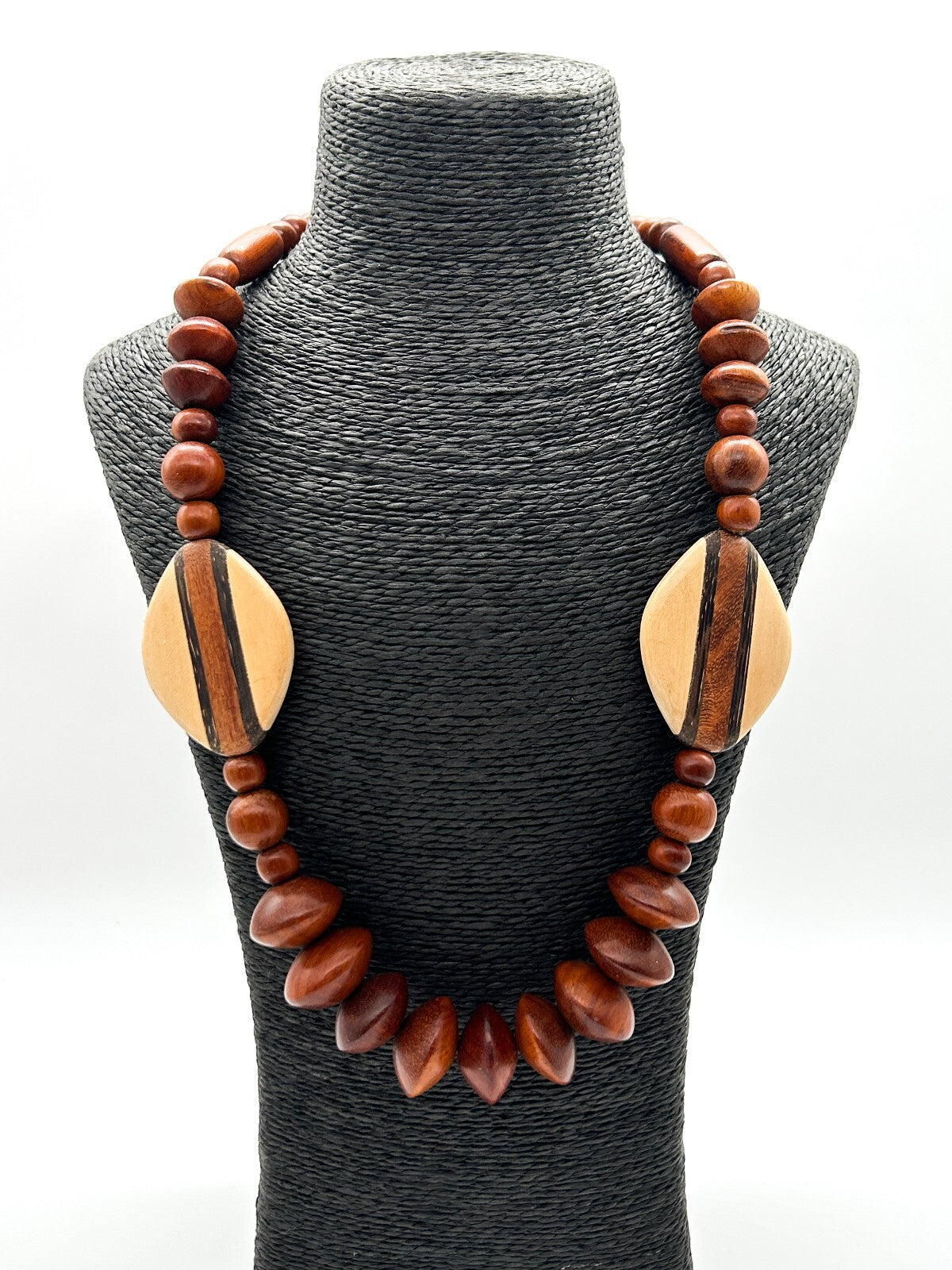 Vintage Chunky Wooden Bead Necklace Striped Geometric Boho 90s Retro Statement