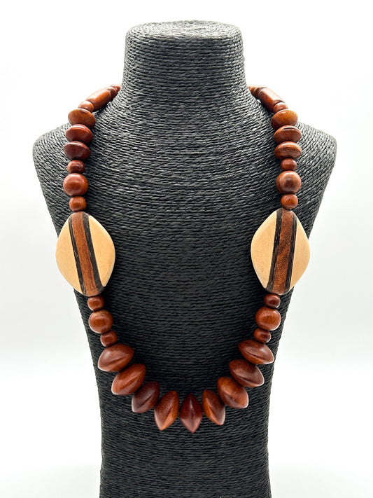 Vintage Chunky Wooden Bead Necklace Striped Geometric Boho 90s Retro Statement