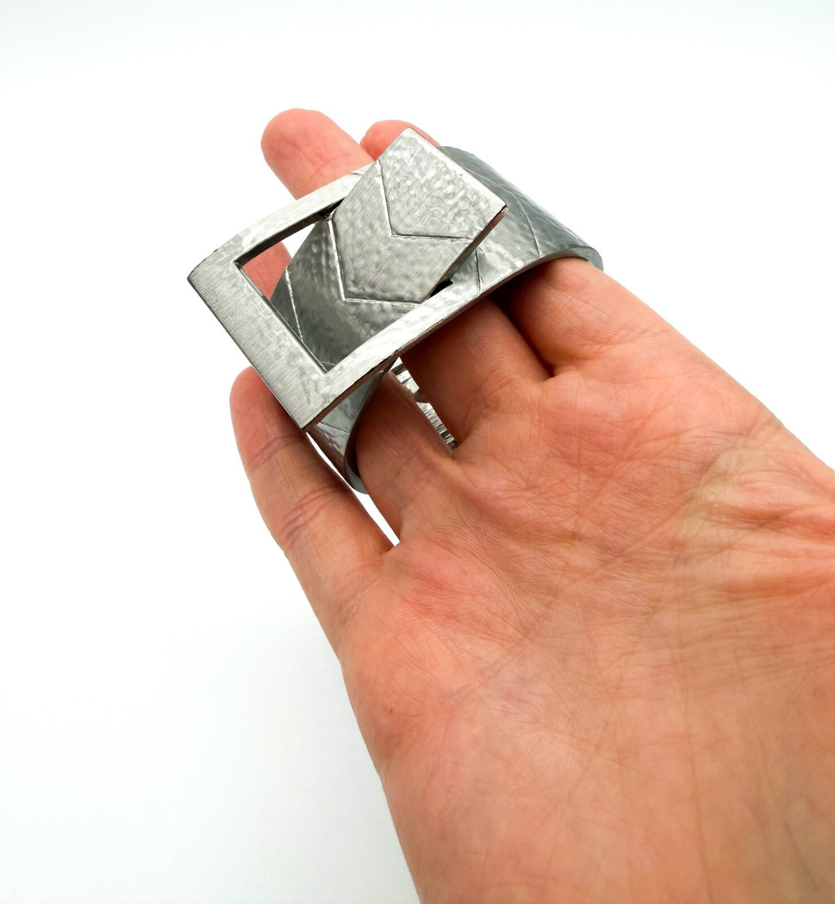 Geometric Silver Tone Buckle Bangle Textured Hammered Statement Cuff Bracelet