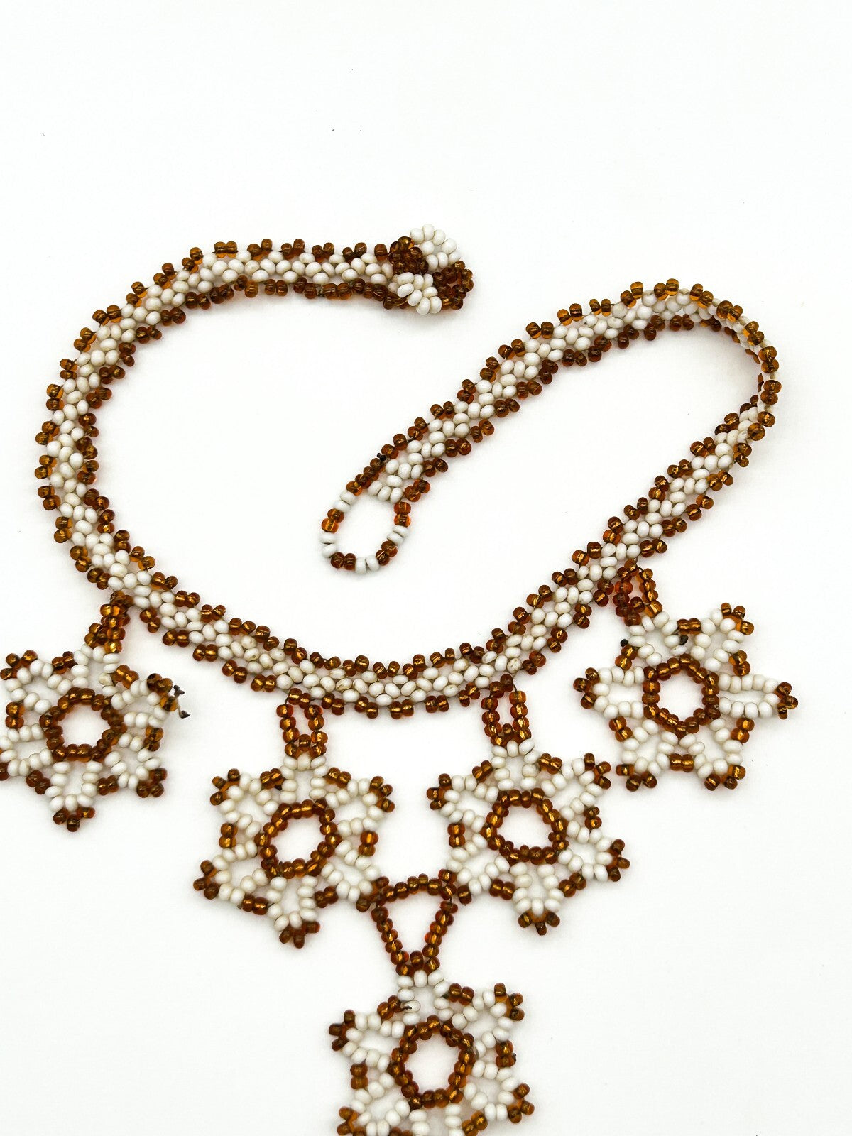 Vintage Handmade Artisan Flower Glass Bead Floral Bib Necklace Orange White
