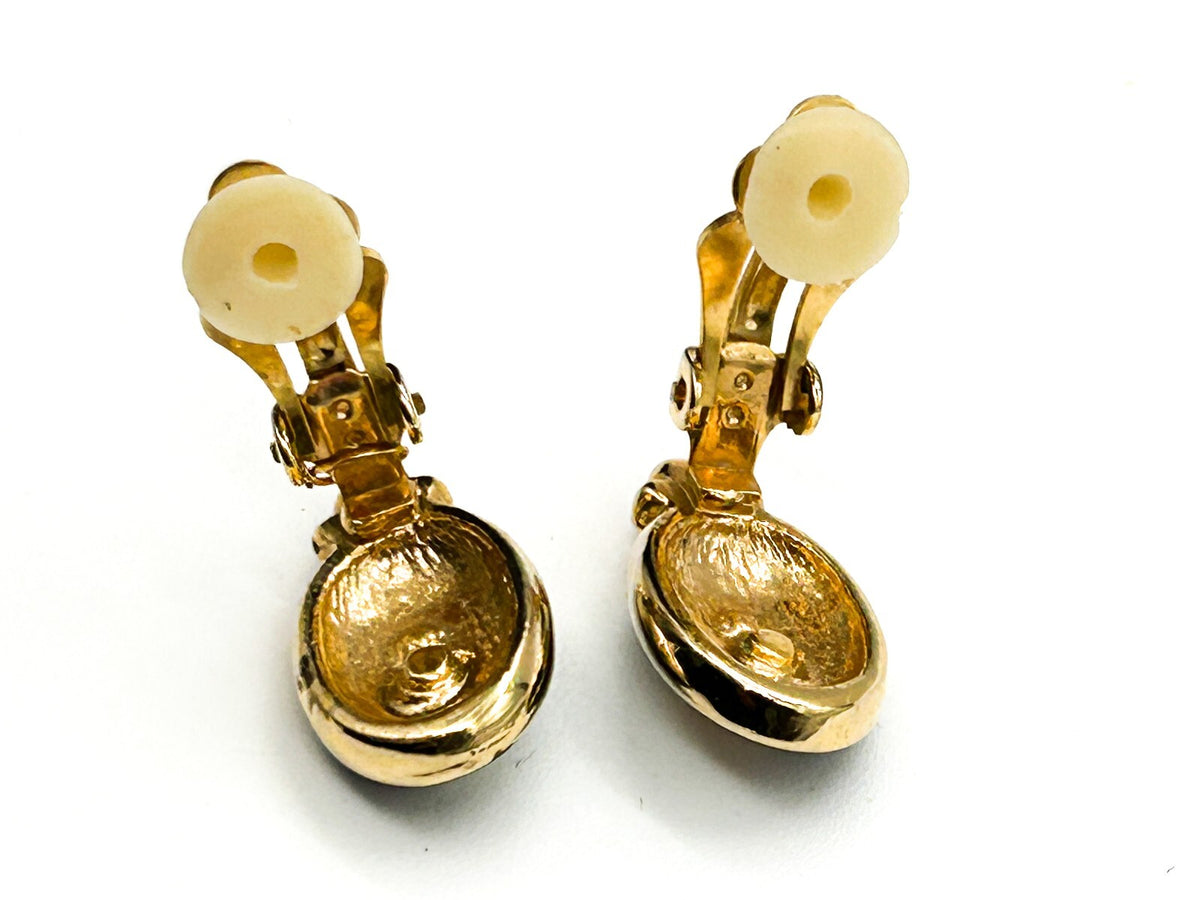 Vintage Gold Tone Black Enamel Clip On Earrings Clear Rhinestone Oval Deco Style