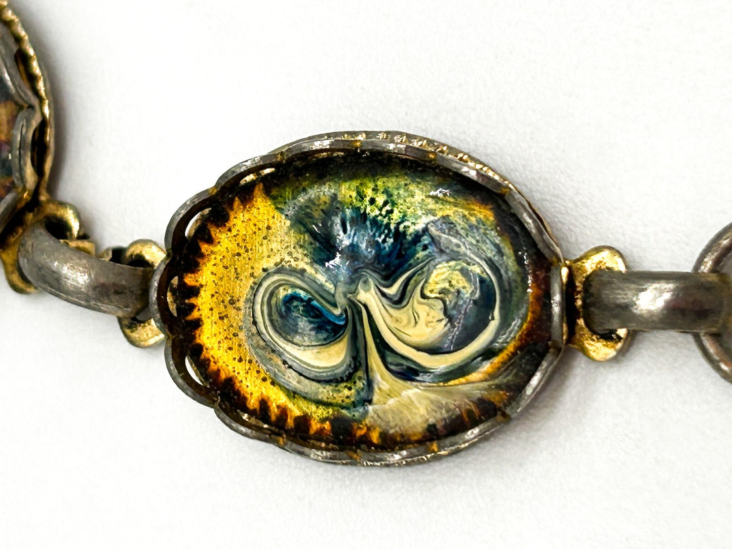 Vintage Enamel Panel Bracelet Gold Blue White Marbled Swirl Oval Bracelet 7.5”