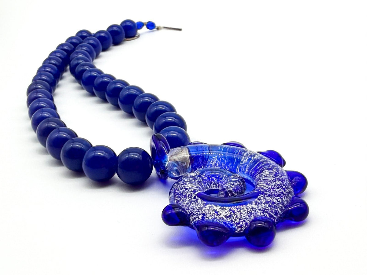 Cobalt Blue Agate Necklace Art Glass Swirl Spiral Pendant Statement Murano-style