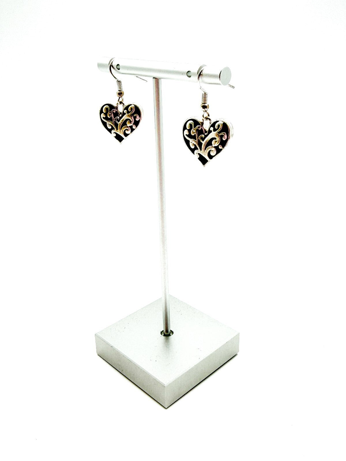 Silver Tone Love Heart Dangle Earrings Scroll Vine Detail on Black Drop Earrings