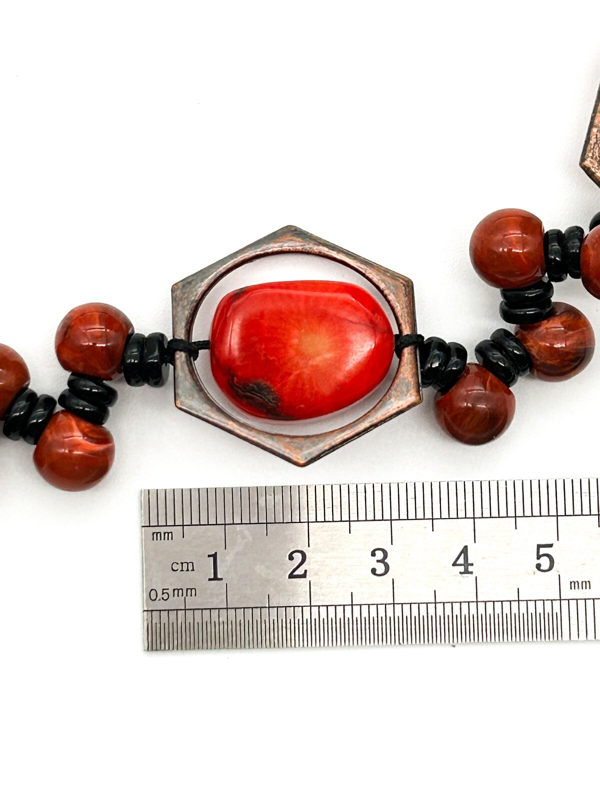 Chunky Red Coral Nugget Necklace Bronze Hexagon Beads Multi Strand Statement