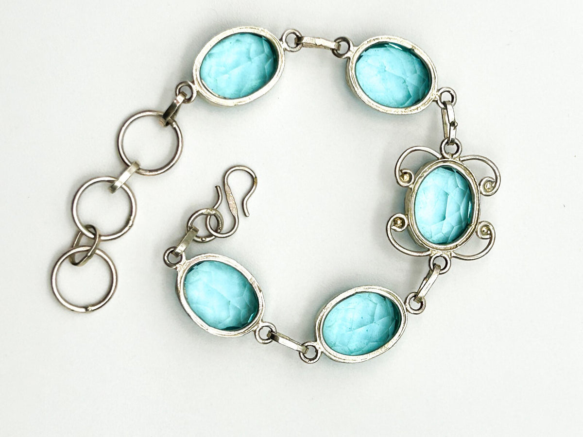 Vintage Aqua Blue Faceted Glass Cabochon Bracelet Silver Tone Open Back Bezel