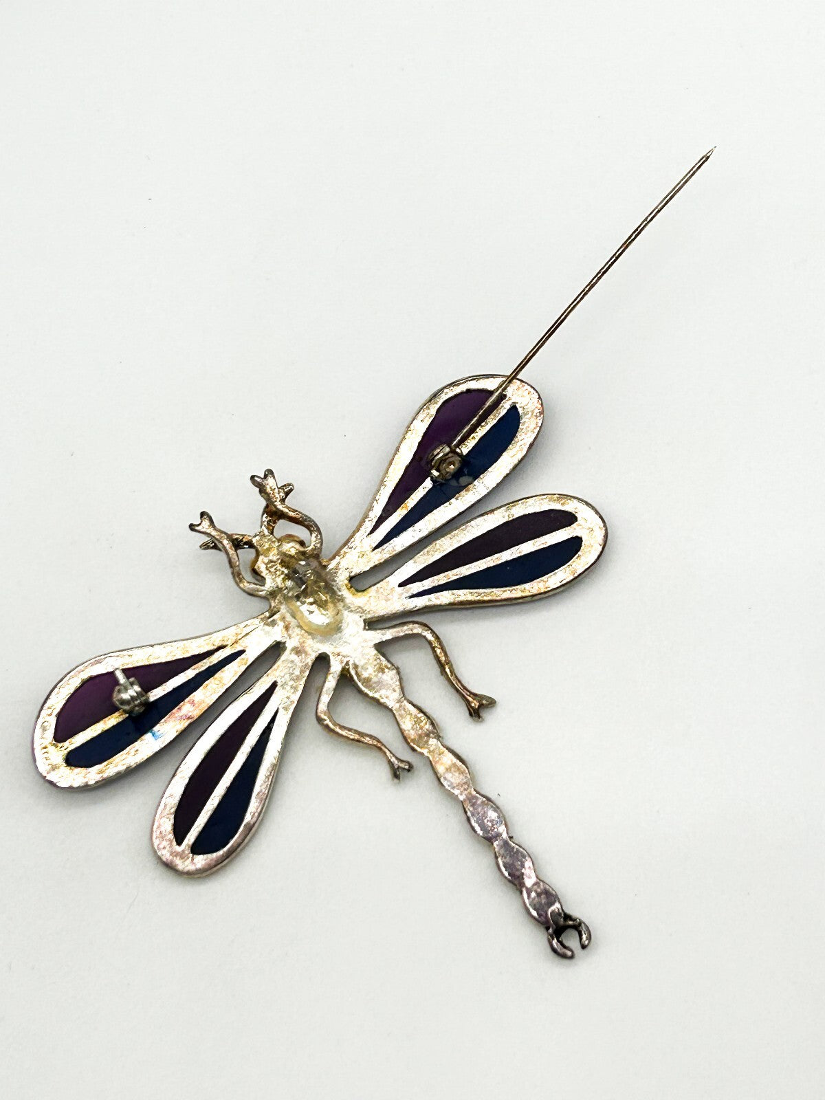 Vintage Purple Enamel Dragonfly Brooch AB Rhinestone Glass Figural Statement