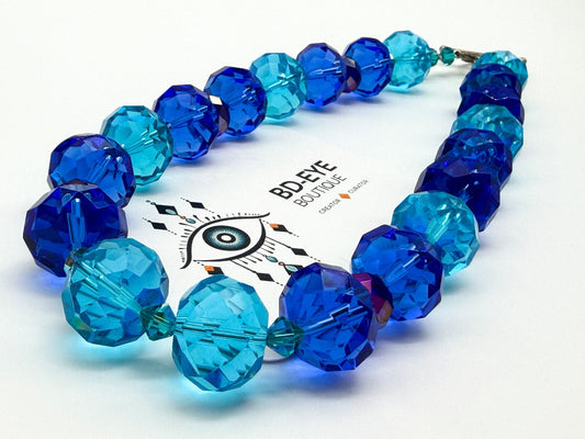 Chunky Cobalt Blue Turquoise Faceted Glass Statement Necklace Toggle 17.5”