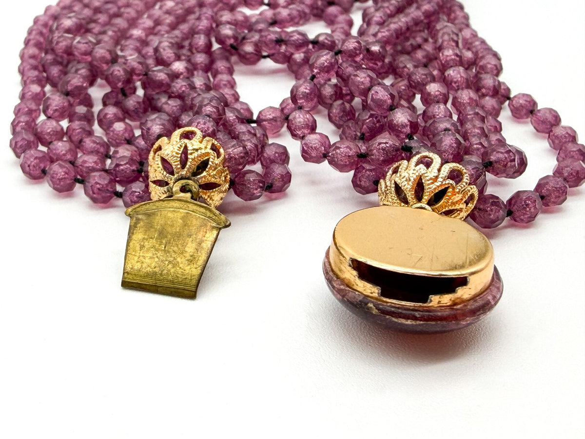 Vintage Hong Kong Style Purple Mauve Multi Strand Beaded Necklace Acrylic Collar