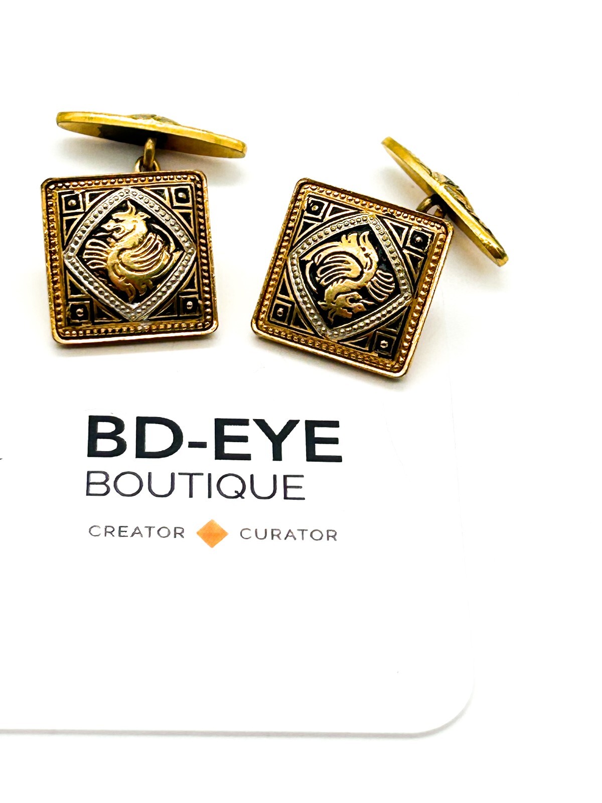 Vintage Toledo Damascene Dragon Cufflinks Gold Plated Spanish Cuff Links