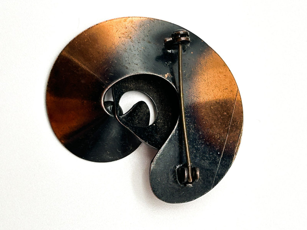 Vintage Modernist Copper Swirl Brooch Mid Century Abstract Spiral Pin Statement