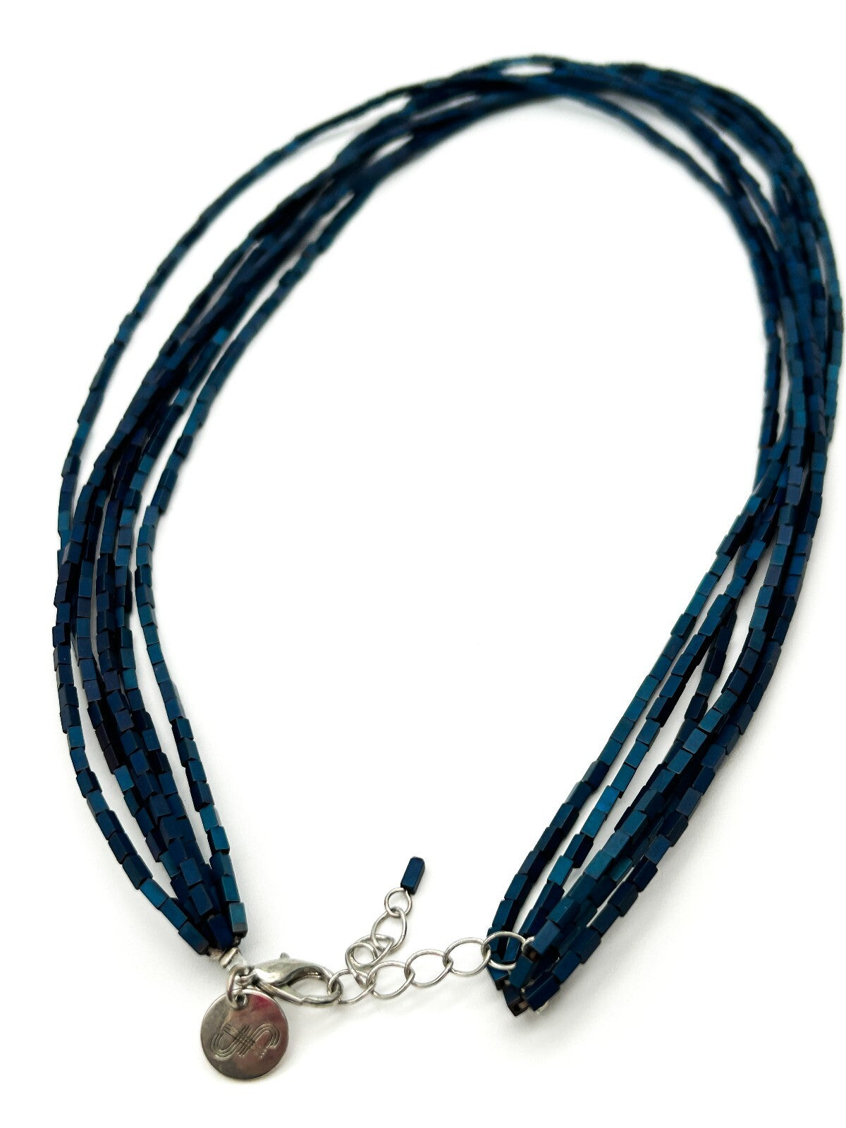 Blue Hematite Multi Strand Necklace Iridescent Rectangular Beads 19”