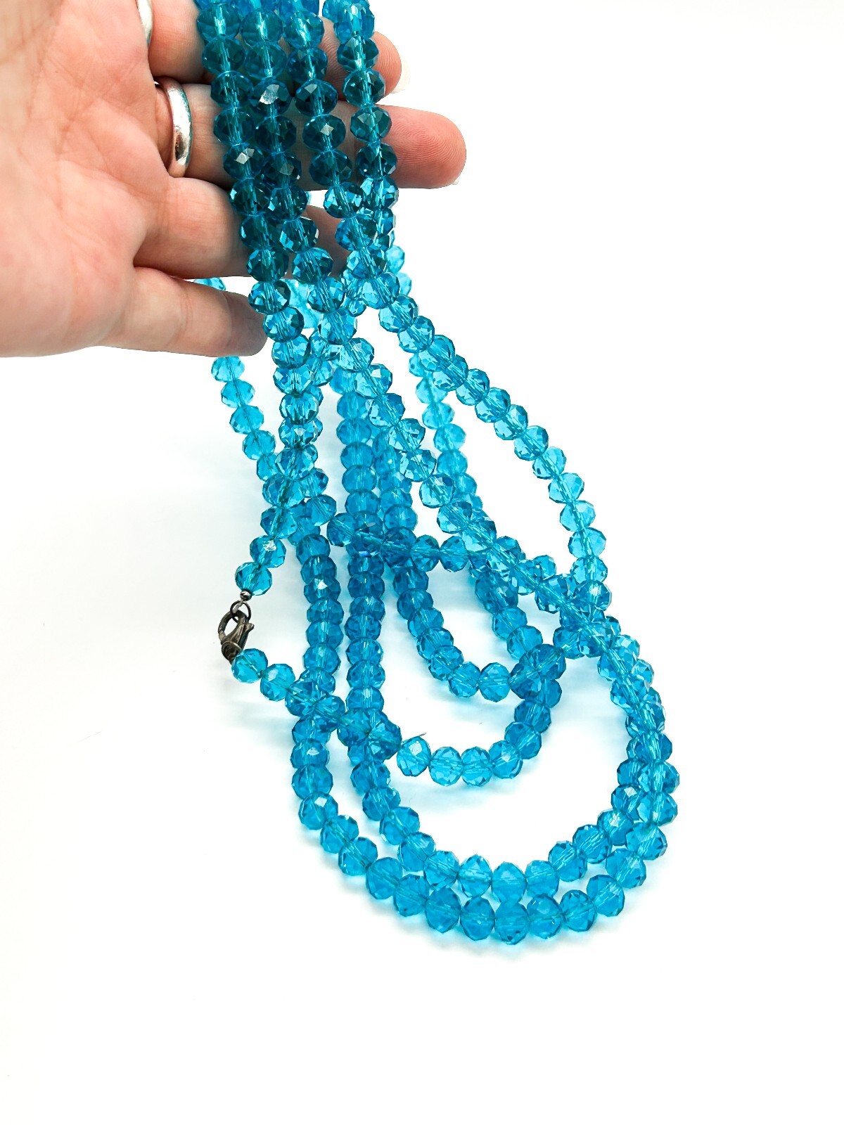 Long Aqua Blue Crystal Glass Bead Necklace Faceted Rondelle Multi Wrap 80”