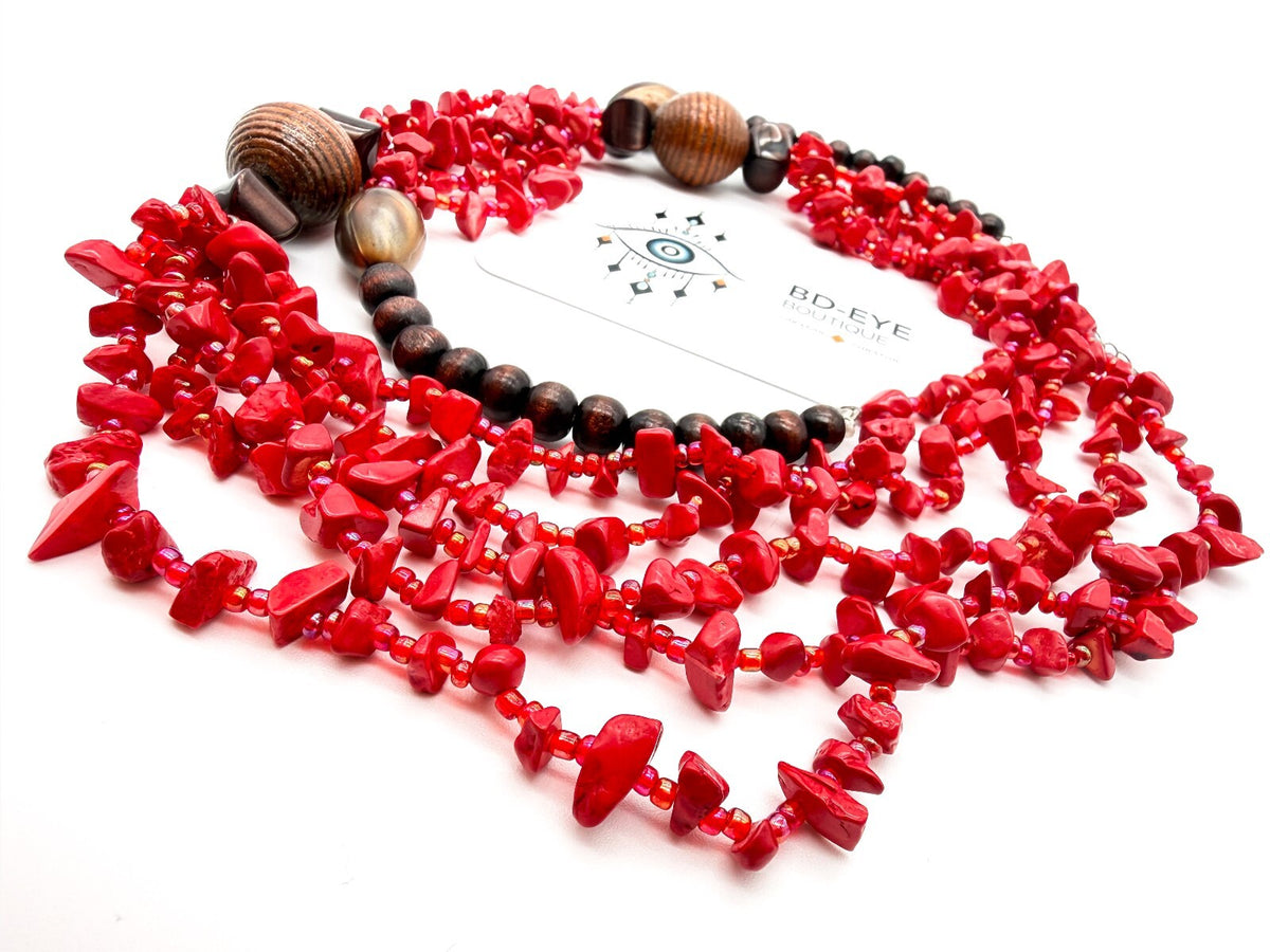 Red Coral Chip 5 Strand Necklace Wood Beads AB Glass Seed Beads 26” Statement